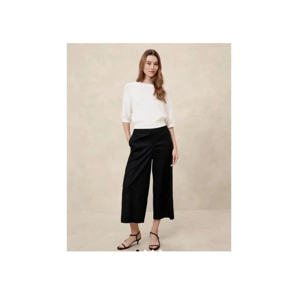 Banana Republic Pants Large Linen Blend Cropped Wide Leg Black Pull On